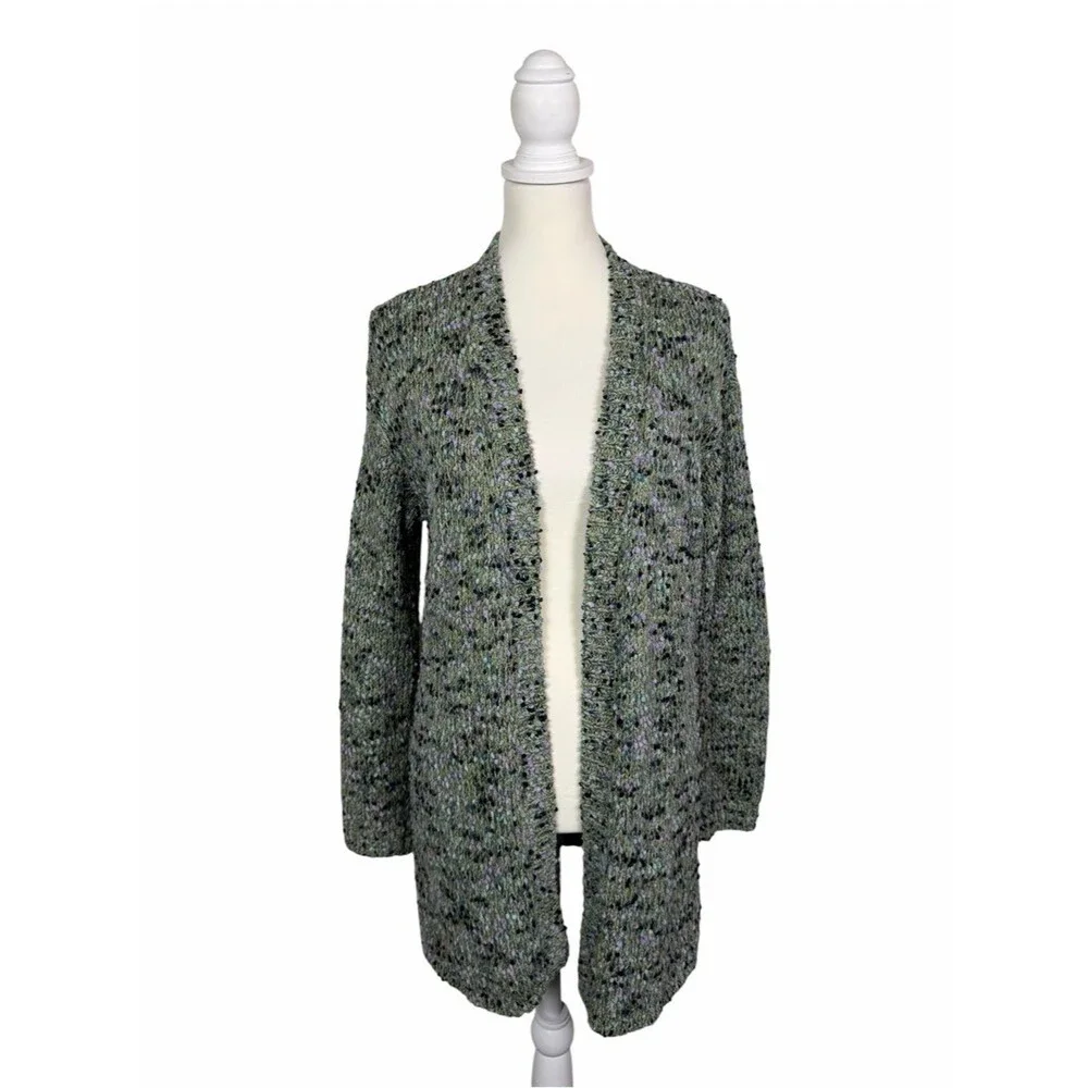 J. Jill Open Front Cardigan Sweater Green Speckled Knit Cozy Layer Women XS